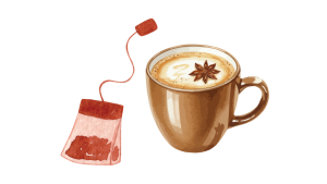 A mug of coffee with cinnamon and a tea bag next to it