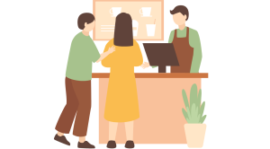 Clip art of a cashier behind the counter and two people in front