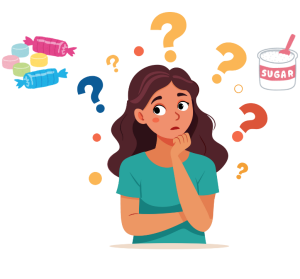 Clip art of a female surrounded by question marks, candy, and food