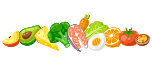 Clip art of an array of vegetables, fruits, and protein