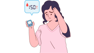 Clip art showing a female after testing her blood sugar level with a sad face