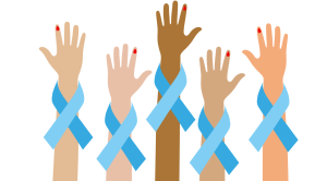 Clip art of raised hands with blue ribbons around them and a red fingernail to represent World Diabetes Day