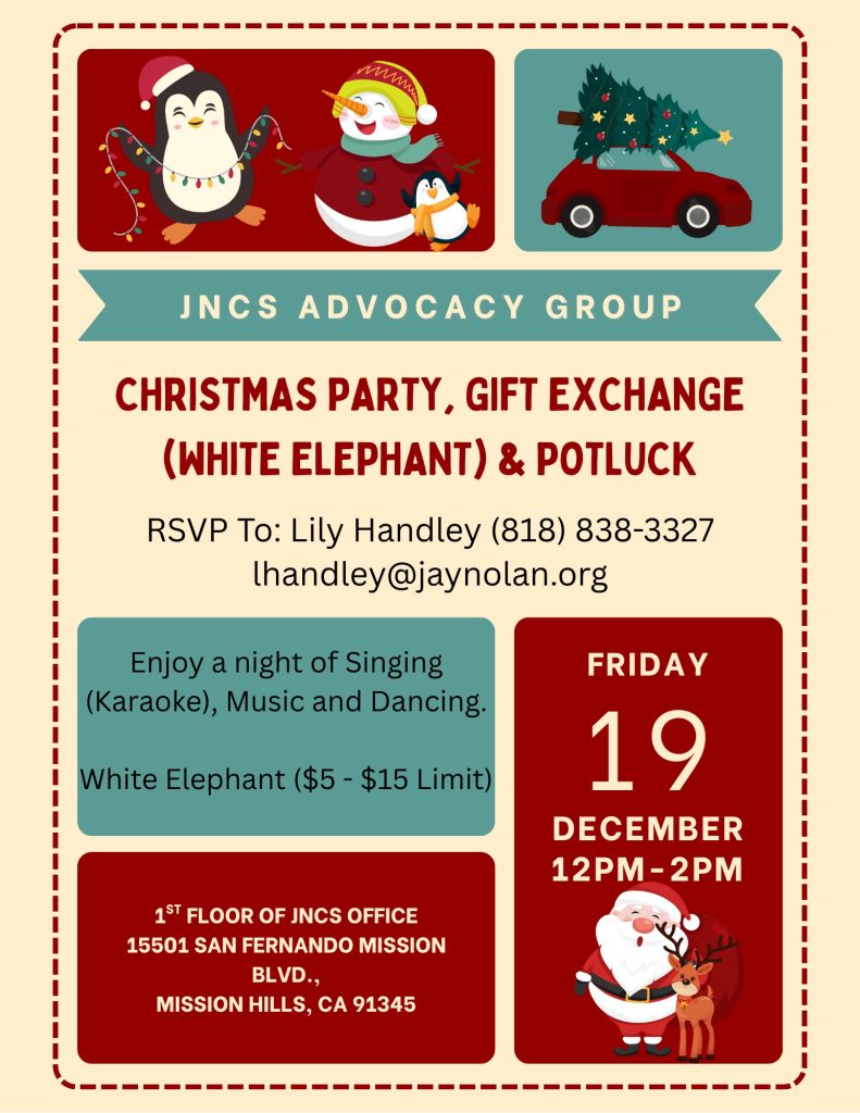 Flyer for the 2025 December holiday meet up for the Jay Nolan Advocacy Group.