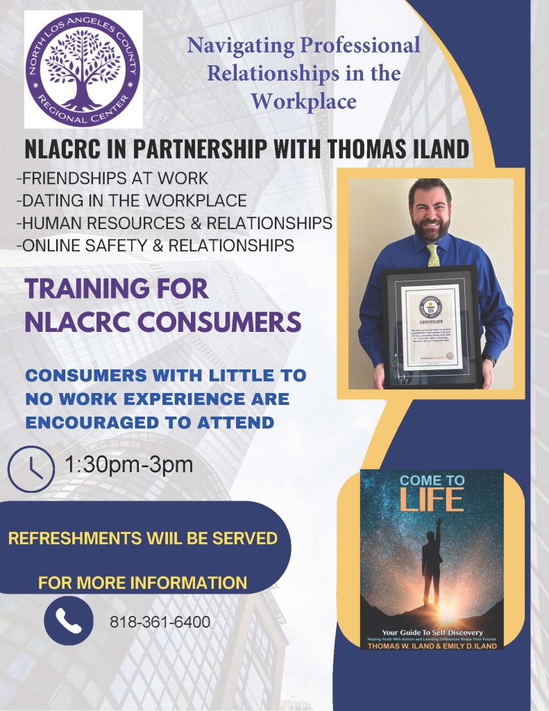 Flyer for the January 5, 2026 workshop "Navigating Professional Relationships in the Workplace" presented by Tom Iland and NLACRC