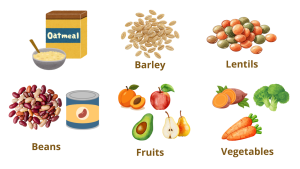 clip art of oatmeal, barley, lentils, beans, fruits, and vegetables as examples of soluble fiber