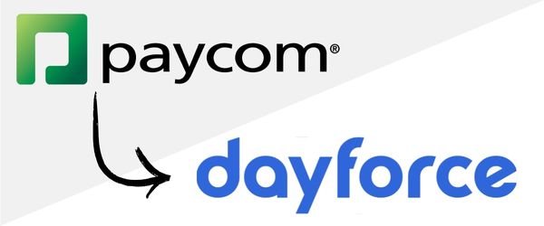 Paycom logo with an arrow pointing to a Dayforce logo