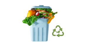 clip art of a waste bin filled with food next to a food recycle compost symbol