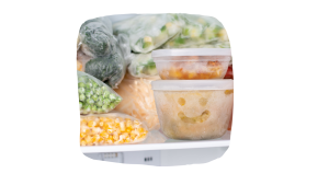 frozen food such as vegetables in bags and containers, one with a smiley face on it