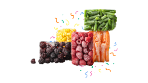 chunks of frozen fruits and vegetables with clip art confetti 