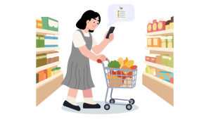 Cartoon image of a woman wearing a grey dress with a shopping cart and a cell phone in her hand. She is in an aisle at the grocery store.