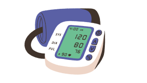 Cartoon illustration of digital blood pressure monitor with a cuff, displaying a reading of 120/80