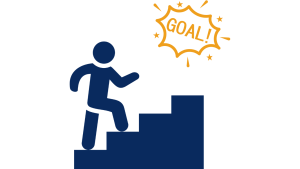 Simple graphic of person climbing a staircase with a "GOAL!" symbol at the top of the stairs. Representing step-by-step progress by following the DASH eating pattern.