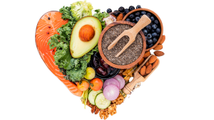 A heart shaped collage of healthy foods, including avocado, blueberries, leafy greens, broccoli, nuts, seeds, and whole grains representing the DASH eating pattern.