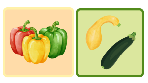 Illustration icons of a yellow, red, and green bell pepper with another illustration of a yellow squash and a zucchini showing some hydrating vegetables