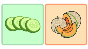 Illustration of a sliced cucumber with a pastel green background to the right and to the left is an illustration of a sliced cantaloupe with a pastel orange background. With the purpose of showcasing hydrating fruits.