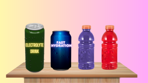 Four colorful electrolyte drinks sitting on a wooden table with a pastel yellow to pastel purple gradient background. The drinks include two cans and two sports drinks bottles in green, blue, purple, and red (left to right) with labels promoting electrolytes and staying hydrated