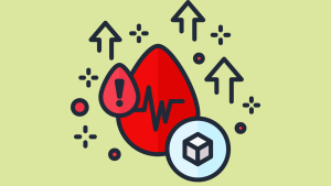 Illustration of a red water droplet with a heartbeat line inside, and a smaller droplet with a exclamation point as a warning symbol surrounded by upwards arrows and small sparkles. A cube icon appears in a circle on the lower right side of the red droplet. All this suggesting that some electrolyte packets, although used to stay hydrated, contain too much sodium that might be dangerous for someone with high blood pressure
