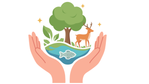 An illustration of a tree, plants, and a deer above a pond with a fish inside being held up by two hands. this image is used to promote plant-based eating