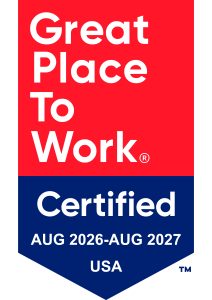 Great Place to Work Certification Badge in Red and Blue. Text Reads: Great Place to Work (R), Certified AUG 2026-AUG 2027 USA