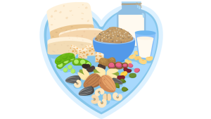An illustration of multiple nutritious foods arranged inside of a blue heart. The food illustrated is a variety of grains, nuts, vegetables, fruits, bread, and milk. All representing plant-based options and healthy nurtrition