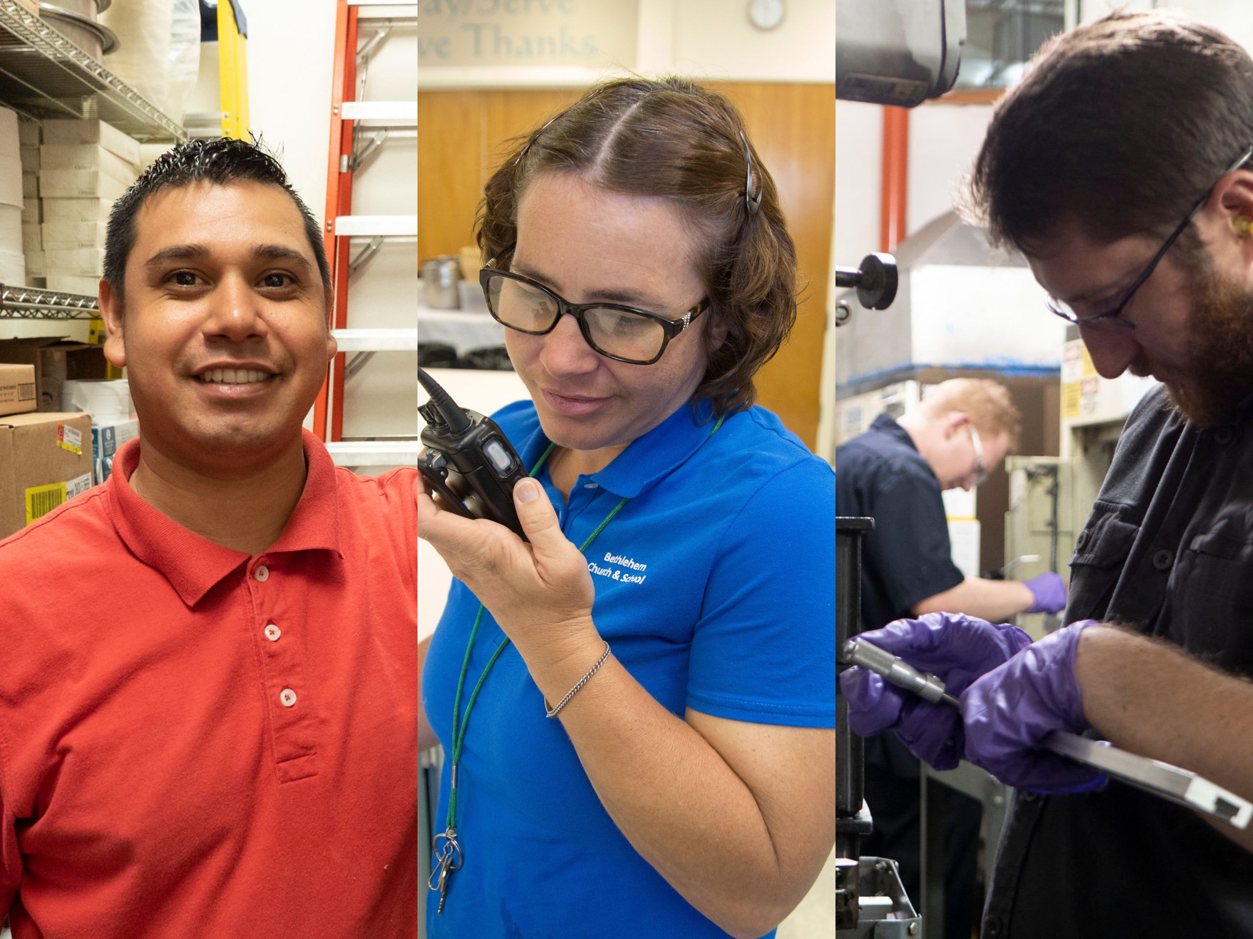 Three photographs of individuals working at their jobs including a young Hispanic man in a red shirt in a warehouse, a woman in a blue polo using a walkie talkie, and two men working in a machine shop.