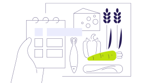 An illustration of a balanced plate of food, including cheese, grains, a bell pepper, a carrot, and fish promoting healthy eating and some plant-based options