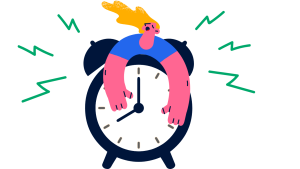 an illustration showing a woman with blonde hair laying over an alarm clock that is surrounded by lightning bolts representing the alarm clock sounding. this image is to represent people using a lack of time as an excuse to not have a plant-based diet