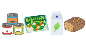 An illustration of a variety of pre-packaged foods. starting from the left side to the right side is a tier of three canned good. (Canned tomato sauce, canned peas, and canned fish). Next is a package of frozen vegetables. Next is a plant-based beverage. And lastly a loaf of bread. This image is showcasing that not all plant-based options are healthy options